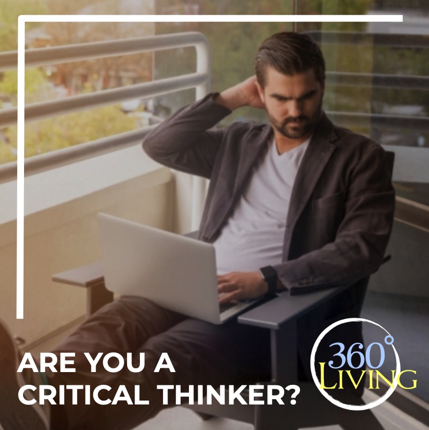 Critical Thinking survey artwork showing a person reflecting beside a laptop